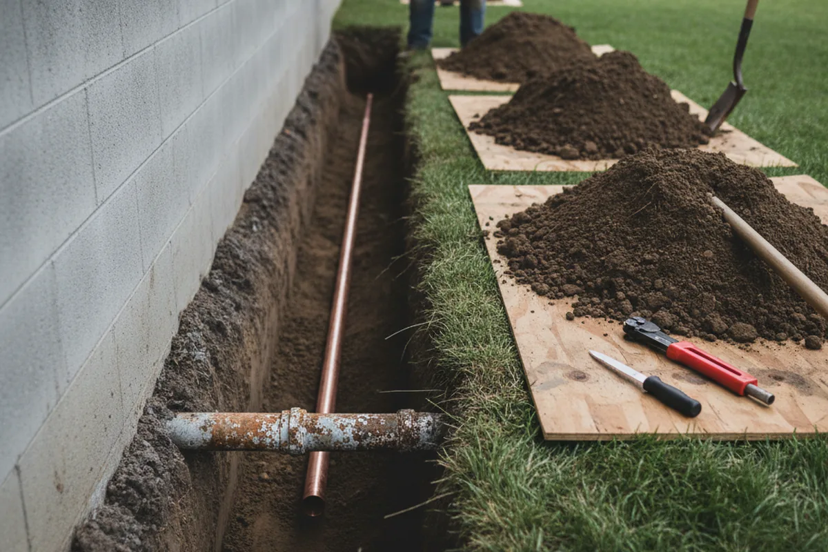 Excavated water line trench during Sewer Line Repair in Glen Daniel